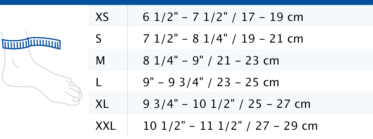 Størrelsestabell som viser mål for Actimove Professional Line TaloMotion ankelstøtte Størrelsestabell som viser mål for Actimove Professional Line TaloMotion ankelstøtte